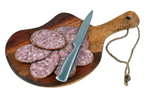Garlic Sausage Slices Cutting Board Close White Background — Stock Photo, Image