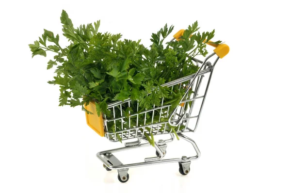 Supermarket Cart Full Fresh Parsley Close White Background — Stock Photo, Image