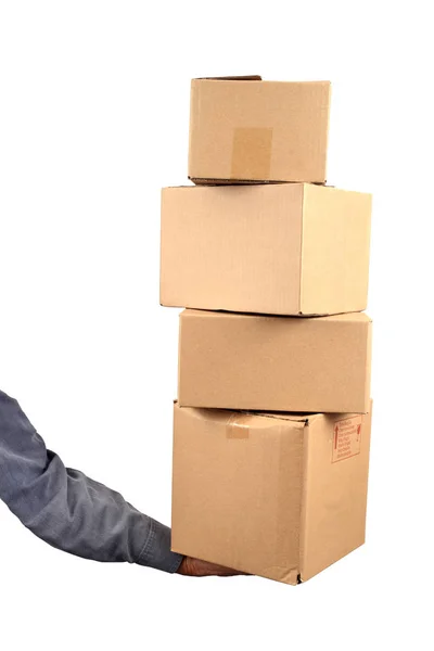 Mano Sosteniendo Una Pila Cajas Cartón Cerca Sobre Fondo Blanco — Foto de Stock