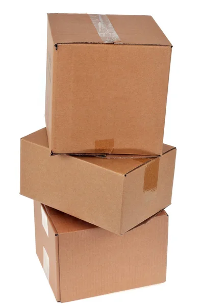 Cardboard Boxes Stacked Close White Background — 스톡 사진