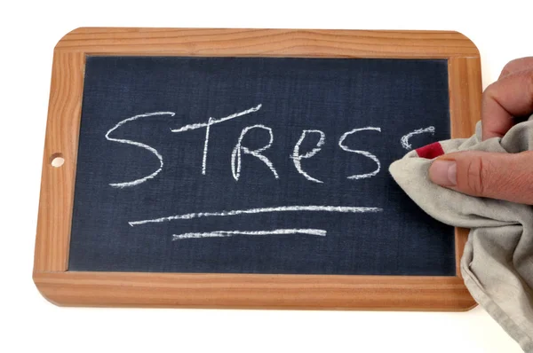 Wis Het Woord Stress Een Schoollei Met Een Doek — Stockfoto
