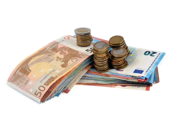 Bundles Banknotes Euro Coins Close White Background — Stock Photo, Image