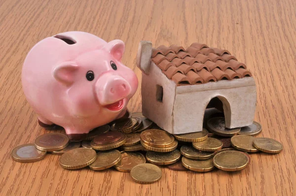 House Piggy Bank Coins Close — Stock Photo, Image