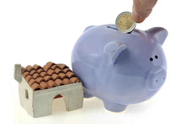 Housing Savings Concept Piggy Bank House Close White Background — Stock Photo, Image