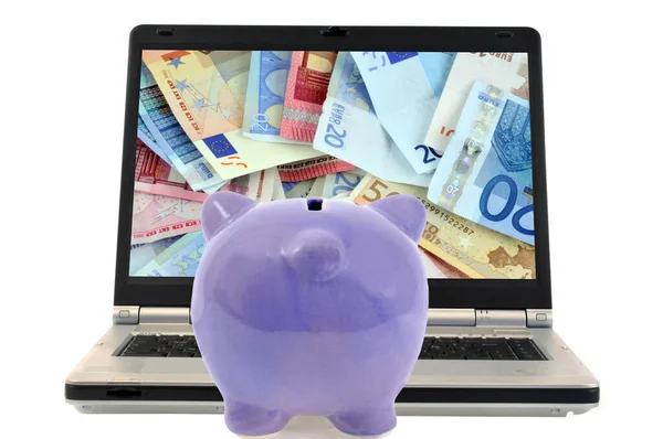 Conceito Bancário Online Com Porquinho Frente Laptop Fundo Branco — Fotografia de Stock