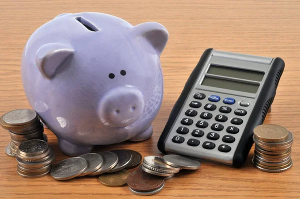 Piggy Bank Next Calculator Close Coins — Stock Photo, Image