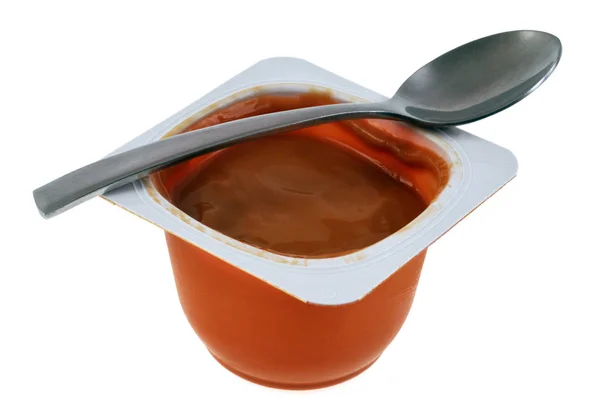 Jar Caramel Cream Spoon Close White Background — 图库照片