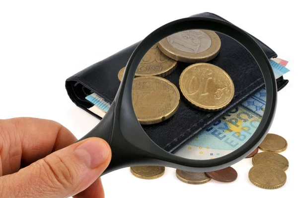 Wallet Coins Banknotes Examined Magnifying Glass — Stock Photo, Image