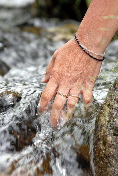 Hand in a mountain stream close-up