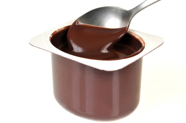 Creme Chocolate Frasco Com Colher Close Fundo Branco — Fotografia de Stock