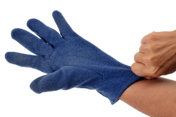 Att Sätta Blå Fleece Handske Närbild Vit Bakgrund — Stockfoto
