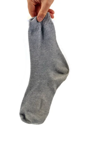 Gray Sock Held Hand Close White Background — Stock Photo, Image