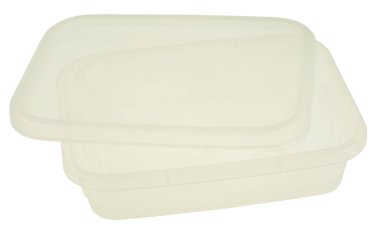 Plastik kutuyu beyaz arkaplanda yakın plan aç 