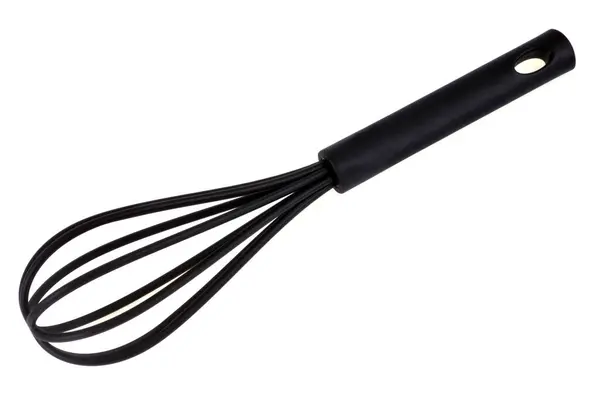 Preto Plástico Cozinha Whisk Close Fundo Branco — Fotografia de Stock