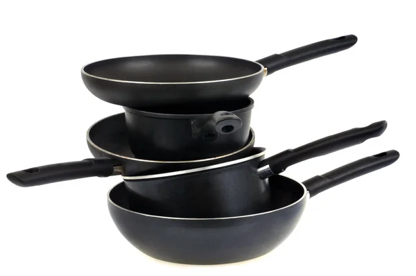 Frying Pans Pans Stacked Close White Background — Stock Photo, Image