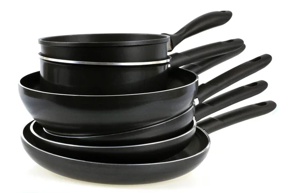 Frying Pans Pans Stacked Close White Background — Stock Photo, Image