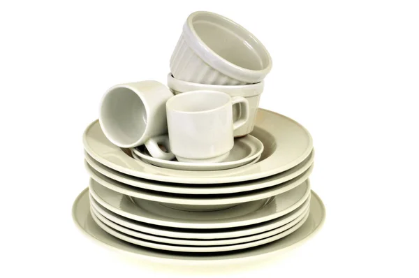 Plates Cups Ramekins Stacked Close White Background — Stock Photo, Image