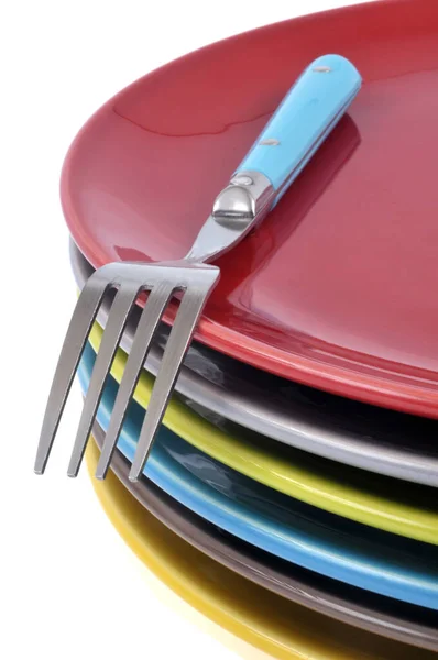 Plates Different Colors Fork Stacked White Background — Stock Photo, Image