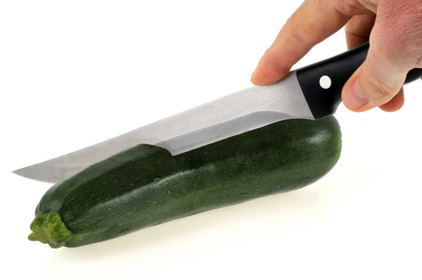 Cut Zucchini Knife Close White Background — Stock Photo, Image