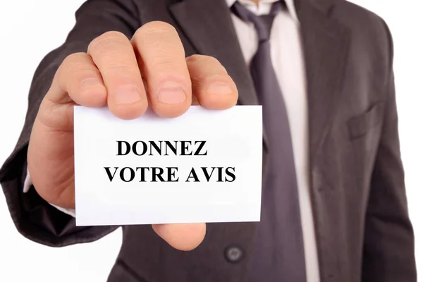 Homme Tenant Une Carte Écrite Dessus Donne Ton Avis — Photo