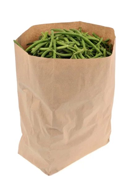 Sac Papier Haricots Verts Près Sur Fond Blanc — Photo