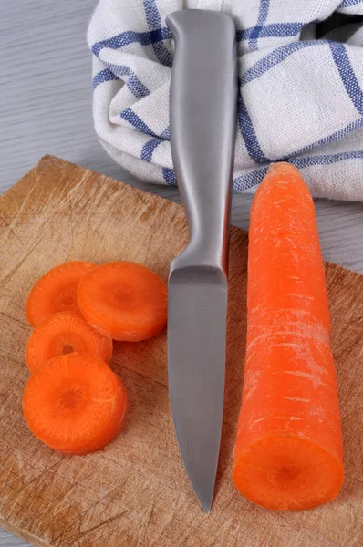 Zanahoria Cuchillo Tabla Cortar Cerca — Foto de Stock