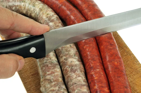 Cut Raw Merguez Chipolatas Cutting Board Knife Close — Stock Photo, Image