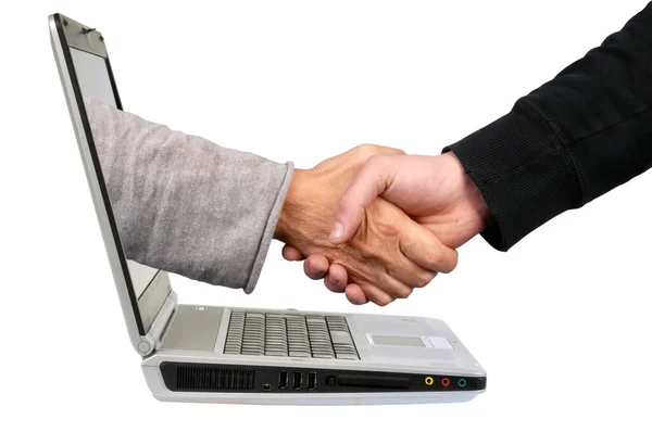 Online Geschäftskonzept Mit Handschlag Durch Einen Computerbildschirm Auf Weißem Hintergrund — Stockfoto
