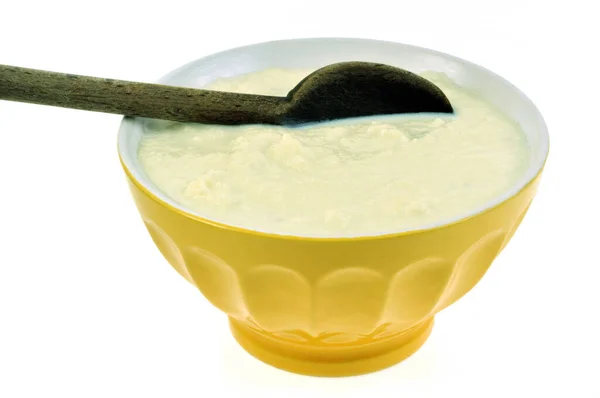 Bowl Homemade Potato Mash Wooden Spoon Close White Background — Stock Photo, Image