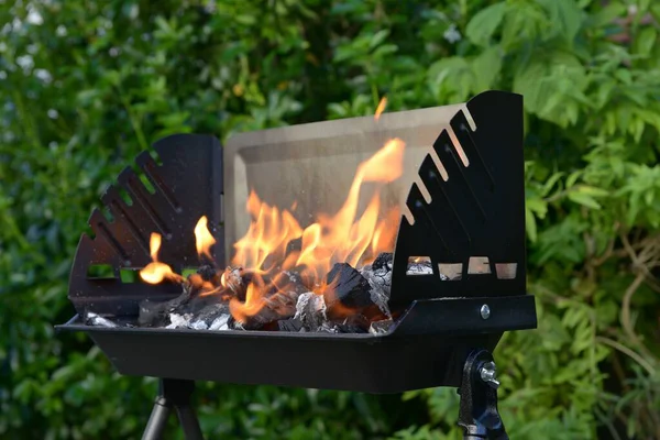 Flammes Sur Braises Barbecue Charbon Bois Close — Photo