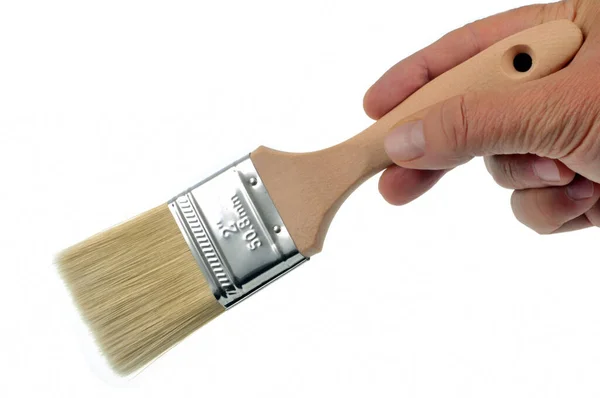 Paintbrush Handen Närbild Vit Bakgrund — Stockfoto