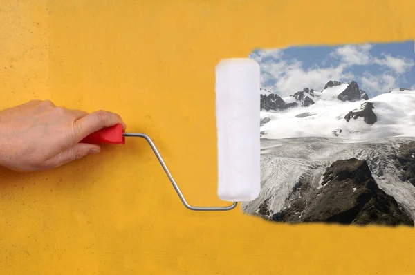 Schilderen Van Een Landschap Een Muur Met Een Verfroller — Stockfoto