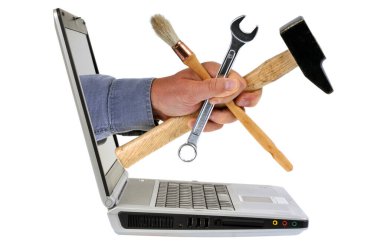 Çevrimiçi DIY mağaza kavramı bir el ile bir bilgisayar ekranından araçlar ile geliyor