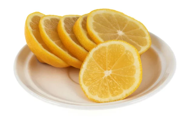 Лимонные Ломтики Блюдце Крупным Планом Белом Фоне — стоковое фото