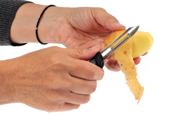 Peeling Cartofi Aproape Fundal Alb — Fotografie, imagine de stoc