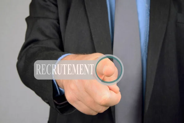 Man Pressing Virtual Recruitment Button — Stock Photo, Image