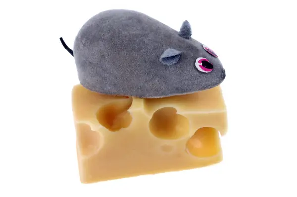 Toy Mouse Piece Emmental Cheese Close White Background — Stock Photo, Image