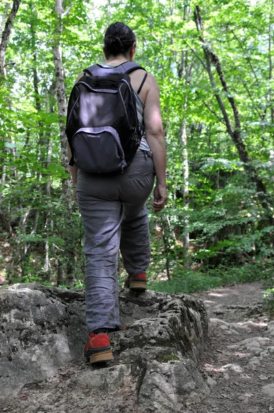 Mulher Com Uma Mochila Andando Uma Montanha Undergrowth — Fotografia de Stock