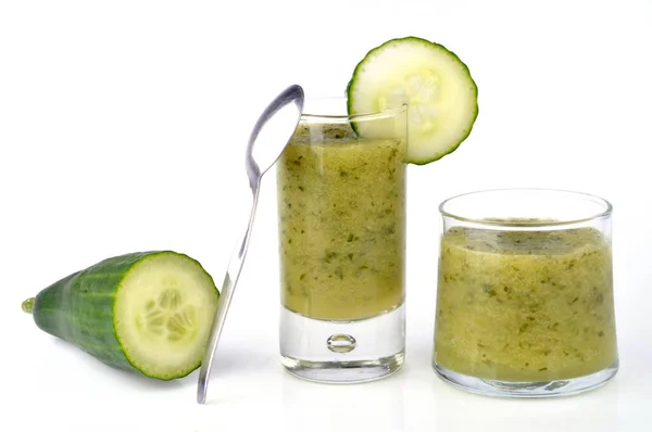 Glasses Homemade Cucumber Gazpacho Close White Background — Stock Photo, Image
