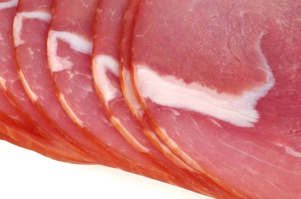 Tranches Bacon Rapprochées Sur Fond Blanc — Photo