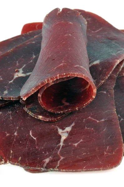 Graubündner Fleischscheiben Hautnah Auf Weißem Hintergrund — Stockfoto