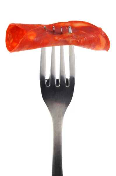 Chorizo Slice Pricked Fork Close White Background — Stock Photo, Image