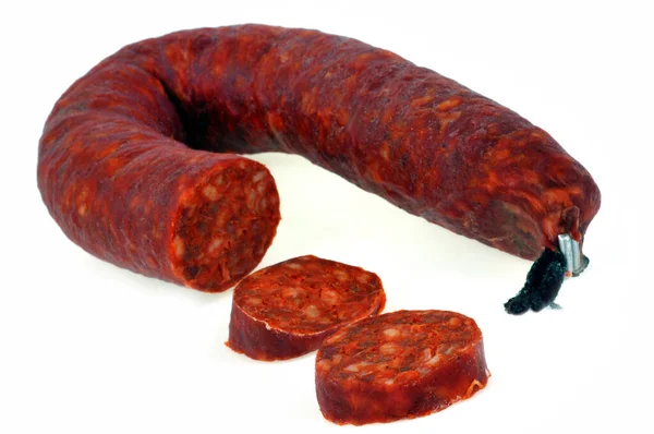 Κοντινό Πλάνο Chorizo Λευκό Φόντο — Φωτογραφία Αρχείου