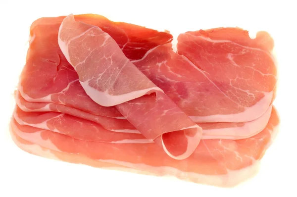 Prosciutto Crudo Italiano Fette Vicino Sfondo Bianco — Foto Stock