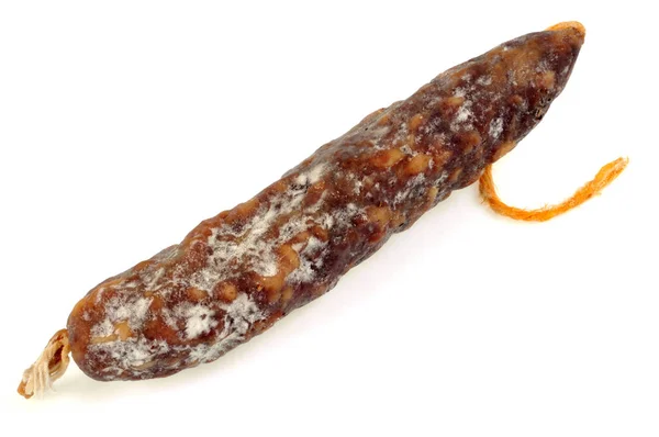 Dry mountain sausage close-up on white background — Stock Image Dry Mountain Sausage Close White Background Stock Picture