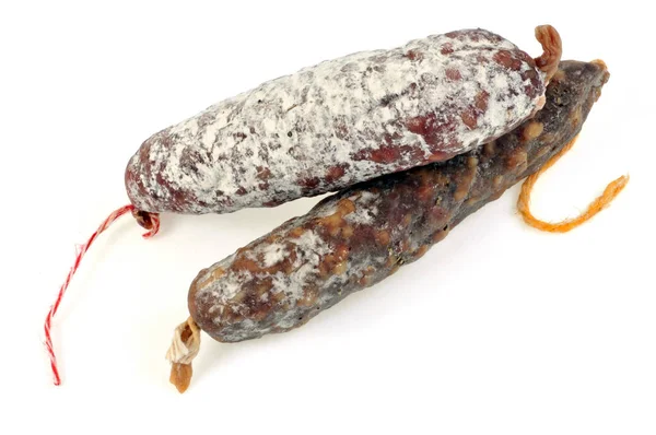 Dry mountain sausages close-up on white background — Stock Image Dry Mountain Sausages Close White Background Royalty Free Stock Images