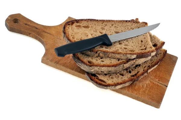 Slices Bread Cutting Board Knife Close White Background — Stock Photo, Image