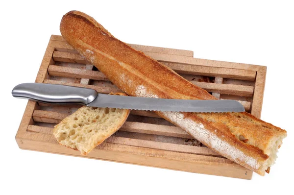 Baguette Pan Tradicional Francesa Una Tabla Pan Con Cuchillo Sobre —  Fotos de Stock