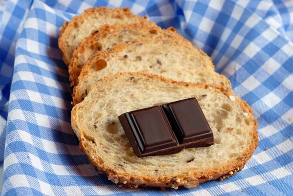 Bread Toast Chocolate Squares Close Checkered Tablecloth — Stock Photo, Image