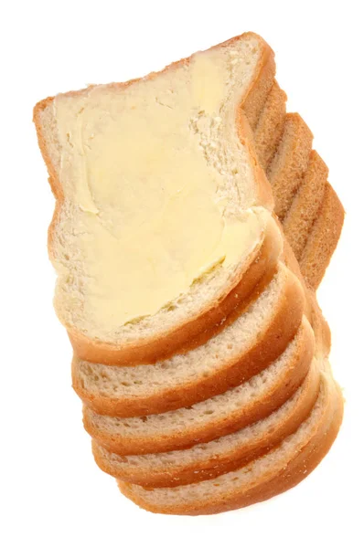 Pão Macio Fatiado Com Manteiga Empilhada Close Fundo Branco — Fotografia de Stock